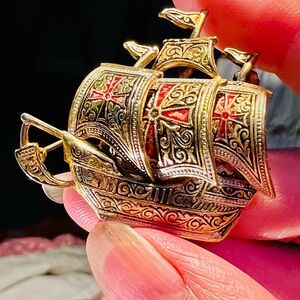 Vintage Gold and Red Spanish Galleon Ship Brooch
